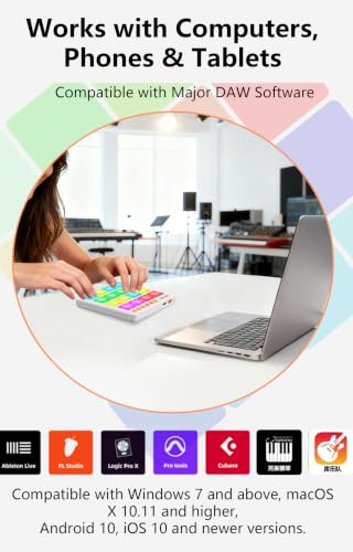 Mini Wireless MIDI Controller Pads, Mini Controller Pad for Beat Making & DJ Performance, 16 RGB Velocity Pads with Aftertouch, Bluetooth & USB MIDI