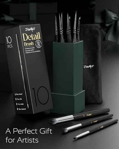 JusArt 10-Piece Detail Paint Brush Set, Miniature Paint Brushes for Models, Acrylic Oil Watercolor, Professional Fine Detail Brushes for Adults & Miniature Painters
