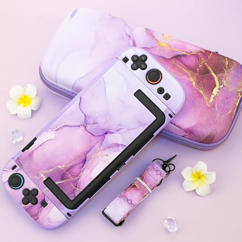 FUNDIARY Travel Carrying Case for Nintendo Switch 2 with Purple Marble Design, Cute Accessories with Portable Storage Bag, Dockable Protective Cover, Screen Protector, Shoulder Strap and 2 Thumb Caps