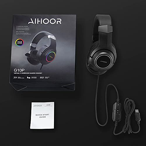 AIHOOR Gaming Headset with Virtual 7.1 Surround Sound,Over Ear Headphones,Noise Cancelling Microphone,Ultra-Low Latency Games & LED Light Soft Memory Protein Earmuffs for PC Mac Computer Games- Black