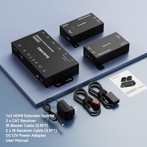 CENMATE 1x2 HDMI Extender Splitter, 1080P@60Hz HDMI Over Ethernet, Up to 165 FT Transmission Over CAT5e/6/7, 2 Channel Transmission with 2 Loop Out, Supports IR Control, 3D, HDCP, EDID, POC - size: 1×2