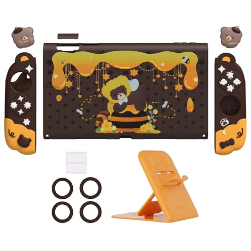 PlayVital Good Night Bear Dockable Case for Nintendo Switch 2 with Stand | Split Design Silicone Joycon Grips, PC Console Hard Shell, 2 Joystick Caps | Cute Protective Cover Bundle – Brown - color: Brown