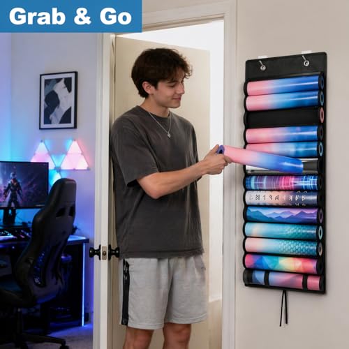 Playmat Tube Storage Bag, 12+1 Hanging Playmat Organizer for MTG/TCG Playmats, Oxford Cloth Holder with Clear PVC Windows, Roll-Up Compact Design, Includes 2 Metal Door Hooks