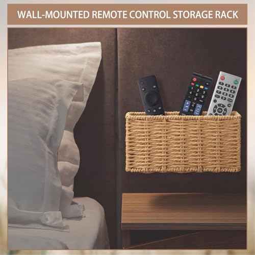 Woven Paper Rope Remote Control Holder Organizer Handmade Wall Hanging Remote Storage Basket with Hooks Boho Farmhouse Wall Organizer for Living Room Bedroom Office Dorm Decor