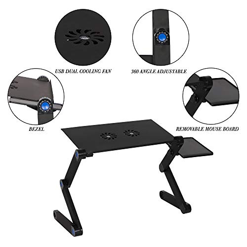 Foldable Aluminum Laptop Desk Adjustable Portable Laptop Table Stand with 2 CPU Cooling Fans and Mouse Pad Ergonomic Lap Desk for Bed and Sofa Up to 17 Inches