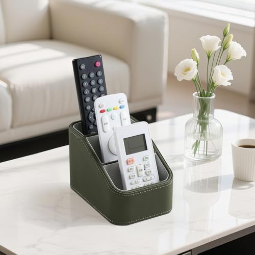 PU Leather Remote Control Holder, Small Desk Organizer Office Supply Bedside Caddy for Nightstand End Table Couch, Pen Remote Organizer with 3 Compartments (Green) - color: Green