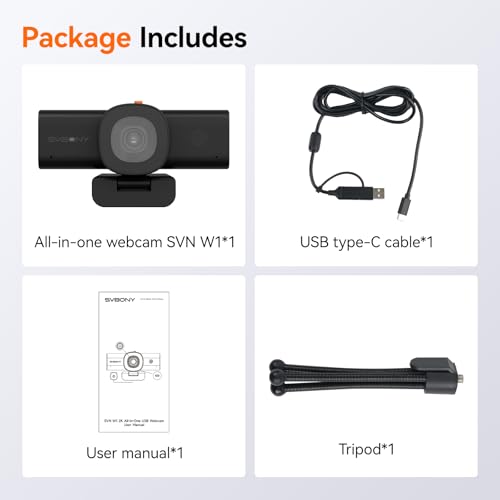 SVBONY 2K Webcam for PC with Low-Light 3D Noise Reduction for Remote Work | with Low-Light 3D Noise Reduction&Dual AI-Noise Canceling Mics, Privacy Cover, USB A-to-C, 3X Digital Zoom, with Tripod