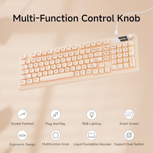 EWEADN V102 Wired Keyboard, 98 Keys Creamy Gaming Keyboard with Number Pad, Display Screen & Media Knob RGB Silent Wired Cute Computer Keyboard for Laptop PC Gamer - Cream Pink - color: Cream Pink