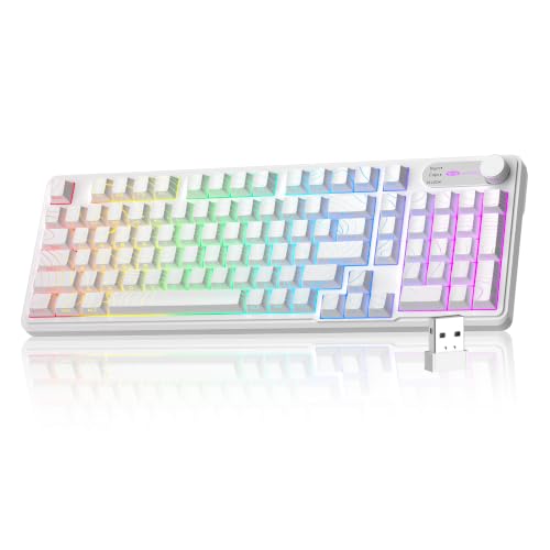 MageGee GK960 Wireless Keyboard, 98 Keys Tri-Mode BT/2.4G/Wired Membrane Gaming Keyboard, RGB Creamy Keyboard with Number Pad, Knob Control, Side Printed Keycaps, 4000mAh Battery - White Topographic - color: White Topographic