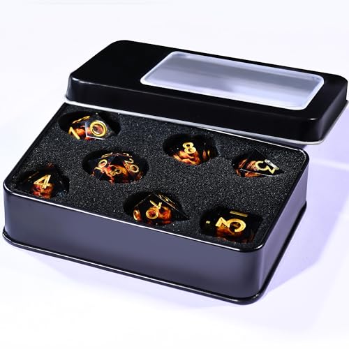 AUSTOR 7 Die DND Dice Set 7 Pieces Red Flame Dragon Resin Dice Role Playing D and D Dice D20 D12 D10 D8 D6 D4 Sharp Edge Dungeons and Dragons Dice with Case - color: Red Flame Dragon