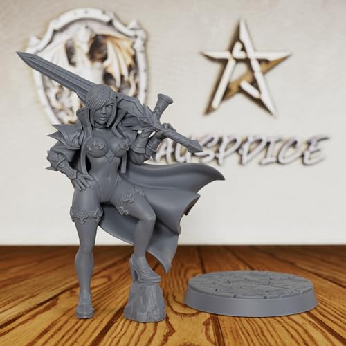 AUSPDICE Elf Warrior 32mm Unpainted Fantasy Miniature with Sword AS379 | 6.3cm Female Elf Fighter Figure with Sword, Armor and Cape for Dungeons and Dragons, TTRPGs and Dungeon Masters