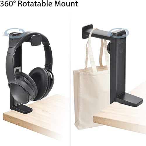 360 Degree Swivel Headphone Stand, 2-in-1 Clamp-on Gaming Headset Holder, Adjustable Under Desk Hanger with Cable Clip Organizer, Space-Saving PC Desktop Accessory, Universal Fit for All Headphones