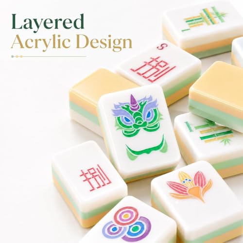 4 Layer Acrylic Mahjong Set 160 Tiles - American Travel Game with Clear Engraving Carrying Bag Multiple Colors(Green) - color: Green
