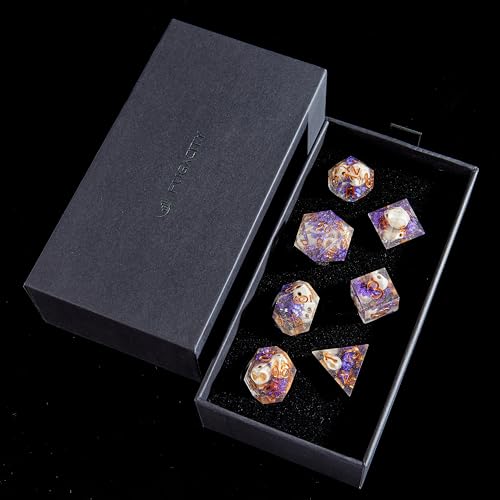 FugaCity Dice Set,Handmade Sharp Edge 7 Piece Resin Dice-Dungeon&Dragons Polyhedral Dice Set, D&D Dice Set with Gift Dice Case for RPG MTG Table Games - color: D-purple Flower & Skelet