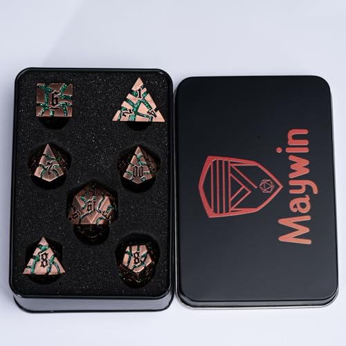 Cracked Rune Metal Dice Set for DND & RPG – Dark Fantasy Fractured Design, Premium Heavy Metal Polyhedral Dice with Deep Engraved Numbers, 7-Piece Set – Green Mystic Vein - color: Antique Copper Green