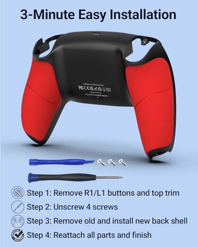 CHARM FOCUS Back Shell Grip Cover Compatible with PS5 Controller, Soft Rubber Overmold and Anti-Slip Diamond Texture, Seamless-Fit Replacement for PS5 Controller Shell, Black/Red - color: Black/Red