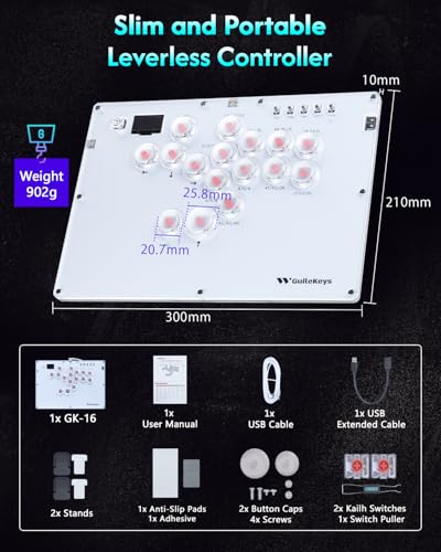 GuileKeys Leverless Controller Arcade Stick GK-16, All-Button Arcade Controller with Multi-function Button for PS4/PS3/PC/Switch, Arcade Fight Stick with RGB/Turbo/Hot-Swap/Custom Top Plate DIY White - color: GK-16 White