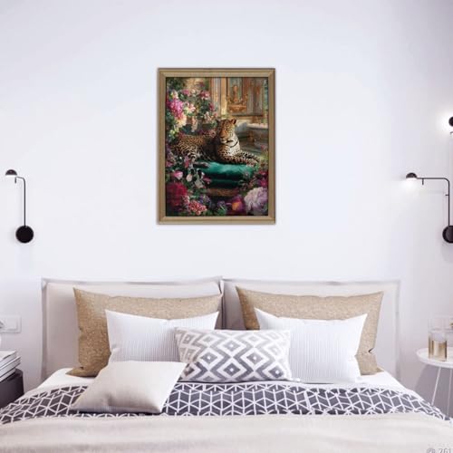 Vibrant Glamorous Leopard in Lush Floral Bath Space Wooden Jigsaw Puzzles for Adults 500 Pieces, Relaxing Escape from Daily Stress, Living Room Display Project, Party Game,Home Decor
