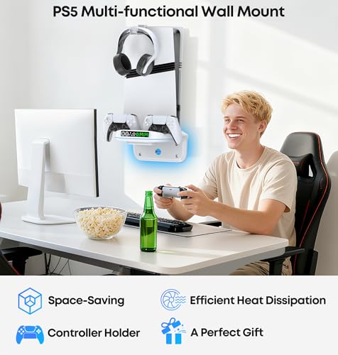 PS 5 Wall Mount Kit with Cooling Fan and Charging Station Compatible with P5/ Slim/ Pro Disc and Digital, PS Five Floating Base Holder Shelf with 9 RGB Lights & 3-Level Fan, P5 Accessories for Gaming
