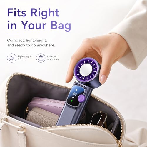 Portable Handheld Fan with Ice Cooling Personal Rechargeable Mini Neck Fan | 199-Speed 20000RPM 4000mAh Battery Powered up to 15hrs, LED Display Foldable & Hangable for Travel, Camping & Outdoor, Purple - color: Gray-Purple