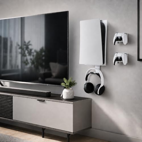 Heavy-Duty Steel Wall Mount Kit Compatible with PS5 Slim, Pro and Original | Secure EVA-padded support, complete install kit, easy setup, open airflow, holders for 2 controllers and headset - color: White