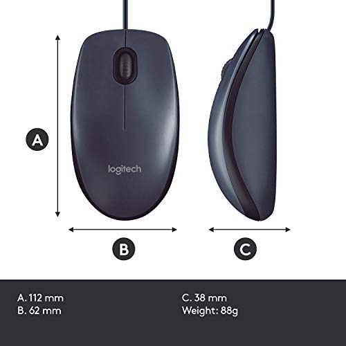 Logitech B100 Ambidextrous Wired Mouse - Black | USB corded, right or left hand use, for computer and laptop - size: 1 Count (Pack of 1)
