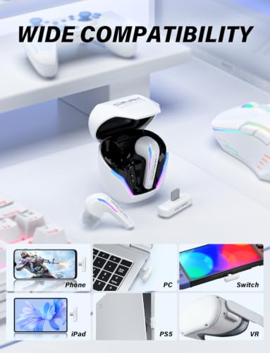 New Version Wireless Gaming Earbuds, 20ms Ultra Low Latency, 2.4GHz + Bluetooth 5.3 Dual Mode, ENC Mic, USB-C Dongle Compatible with PS5/PS4, Meta Quest 3/3S/2, Steam Deck, PC & Mobile - White