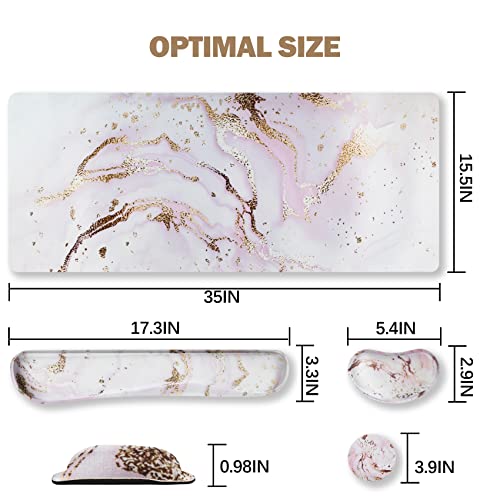 ARTSO Large Gaming Mouse Pad, Keyboard Wrist Rest Pad & Wrist Support Mousepad Set, Stitched Edge, Extended, Non-Slip Base, Memory Foam,Multifunctional Desk Mat 4pcs for Office & Home, Pink Marble - color: Pink Marble