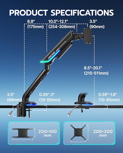 Single Gaming Monitor Arm for 24"-57" Screen with RGB, Black | Computer Monitor Stand Holds Up to 60LBS - color: BLACK, style: RGB