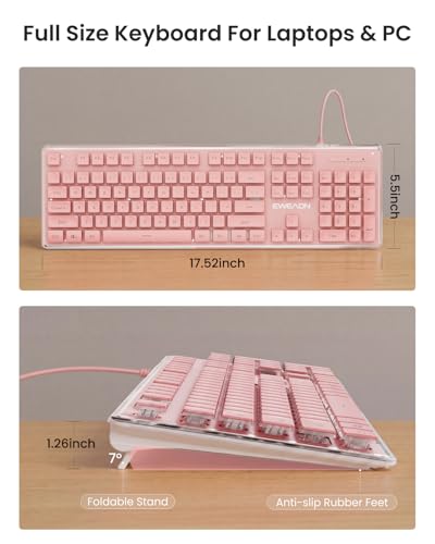 SEUNKWANG Wired Backlit Keyboard with Pudding Keycaps, Quiet Full Size Computer Keyboard White Backlight Easy-to-Read, Never Fade, Metal Panel, USB Cute Desk Setup for Windows PC Desktop, Pink - color: Pink