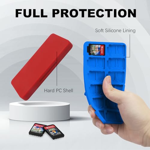 FYY Nintendo Switch Game Case Holder for Switch 2 Cartridge, Red & Blue | 24 Game Card Slots & 48 Micro SD Card Slots, Hard Shell, Silicone Lining - color: B-Red Blue