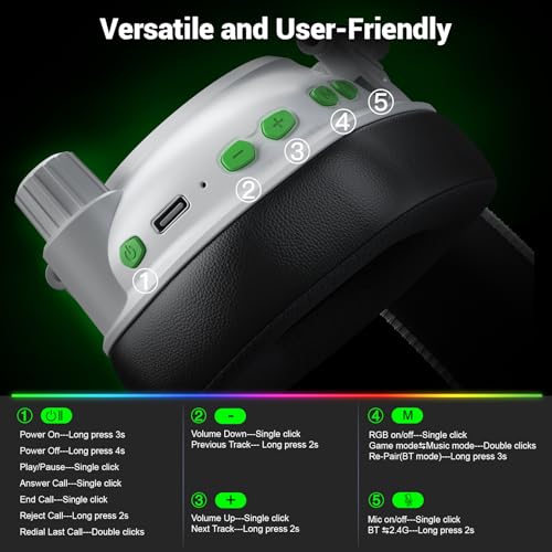 Krysenix Wireless Gaming Headset with Noise Canceling Mic for Xbox, PS5 | Low latency<20ms|Dual Mode (2.4GHz+BT)丨Compatible: PC/PS5/PS4/Switch/Mac/Tablet/Phone丨50H Battery丨Foldable Design - color: White for XBOX