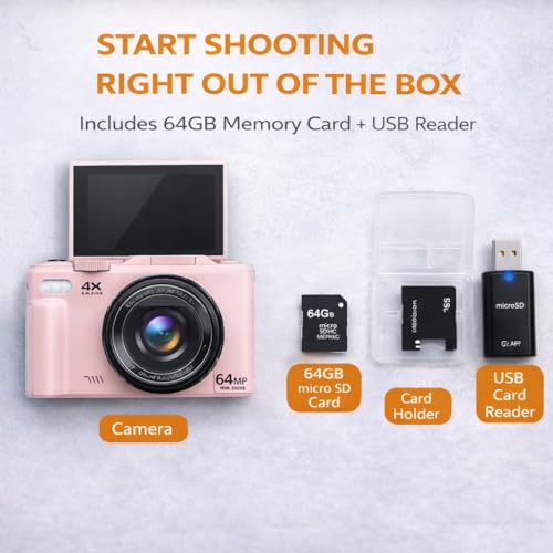 Acuvar 4K Digital Camera, 64MP Compact Digital Camera for Photography & Vlogging, Flip Screen, WiFi, 16X Zoom, Small Camera for YouTube, Beginners with 64GB Card, Pink - style: Basic Camera Kit