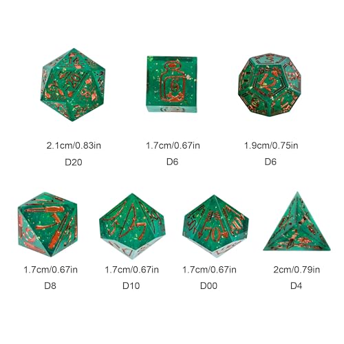 Cusdie 7-Die Sharp Edges DND Dice Set, Ranger Pattern Polyhedral D&D Dice Set for DND TTRPG Role Playing Games(Green w/Rose Gold Ranger Pattern) - color: Green W/Rose Gold Ranger Pattern