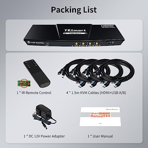 TESmart USB 3.0 HDMI KVM Switch 1 Monitor 4 Computers 4K@60Hz, L/R Audio & Microphone, 4 Port EDID Emulators, Hotkey Switching, Button Switching with Remote Switch and All Input Cables - size: USB 3.0 for 4 computers 1 monitor