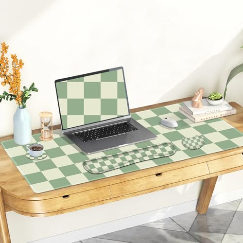 Large Gaming Mouse Pad Set, 4 in1 Ergonomics Keyboard Desk Mat with Memory Foam Wrist Rest, Extended Game Mousepad, Non-Slip Desk Pad Matt Easy Typing Pain Relief I Green Checkered - color: Green Checkered
