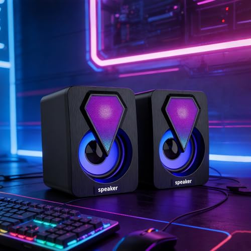 Computer Speakers, Desktop PC Speakers with 6 Colorful RGB Lights, Headphone Jack, Enhanced Bass and Volume Control, USB Powered & 3.5mm Aux Gaming Speakers for Laptop Monitor PC Tablet Phone-1046
