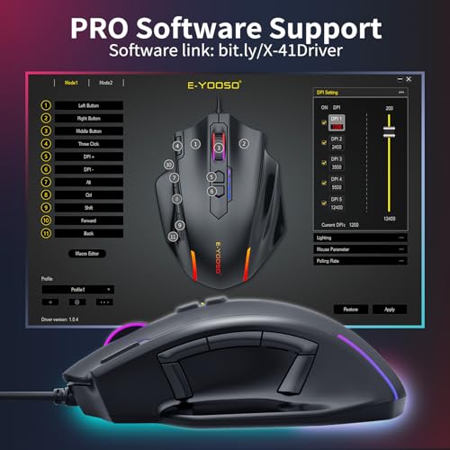 E-YOOSO Wired Large Gaming Mouse, RGB Backlit, 5 Macro Side Buttons, 200-12400 DPI, 11 Programmable Buttons, Rapid Fire Button, Adjustable Weights, Software Supports, Ergonomic for PC/Mac, Black