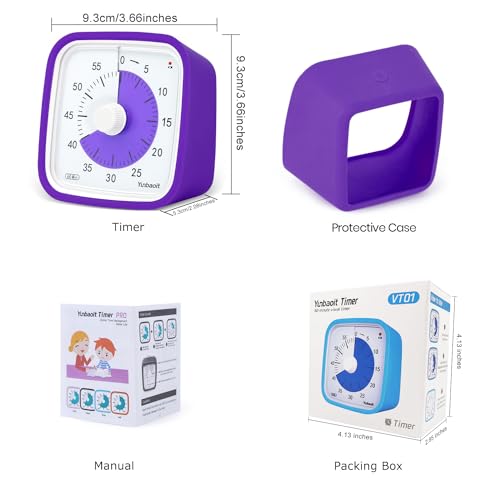 Visual Timer, Silent 60-min Countdown Timer for Kids, Purple | Protective Case, Time Management Tool, Mute and Ringing Alarm Available, Low Power Reminder, for Study,Game,Work,Fitness etc - color: Purple