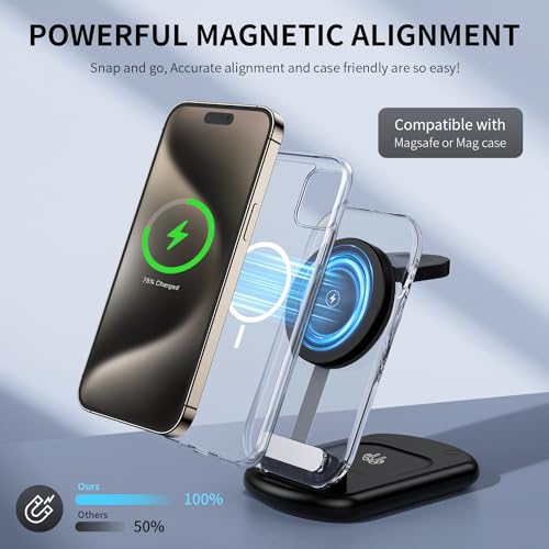 2026 Traveling Wireless Mag-Safe Fast Charging Station,Magnetic 3 in 1 Charger with Light for iPhone 17 16 15 14 13 12 Pro Max Plus,Apple Watch & Air pods 4 3 2 Pro-Gifts for Wife & Husband(Black) - color: Black