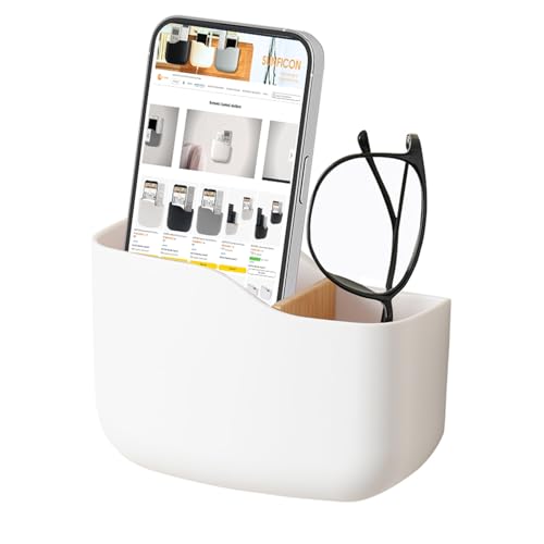 SUNFICON Adhesive Remote Control Holder Wall Mount Media Player Controller Holder Universal TV Remote Organizer Caddy Box Tray Easy Phone Charging Home Office Desk Nightstand White - color: White