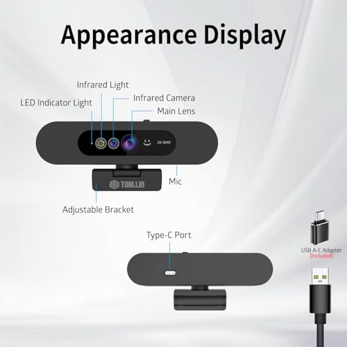 TOALLIN 2K QHD Webcam for Windows Hello Face Login, IR Facial Recognition Camera, USB Webcam with Microphone, 92° Wide Angle View, Computer Web Camera for Video Calls