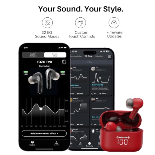 TOZO T20 Wireless Earbuds 97H Playtime, Wireless Charging LED Display Case | 10mm Deep Bass Sound, Dual Mic ENC Clear Calls, IPX8 Waterproof, Bluetooth 5.3, Comfortable Fit Ear Buds For Daily Use, Red - color: Red