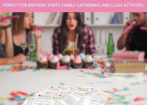 Birthday Party Card Games, Colorful Rainbow Ice Cream Themed Find The Guest Bingo Game Cards, Over And Under Games, Fun Sleepover Party Game For Kids Adults, 02 - color: Colorful Would She Rather