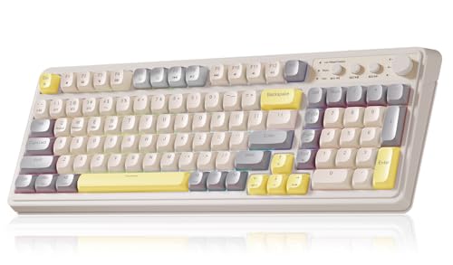 AULA S99 Gaming Keyboard, Ergonomic Computer Keyboards, Wireless Creamy Keyboard Full Size Cute Backlit Media Knob Programmable Tri-Mode Bluetooth/2.4GHz/USB-C Keyboard for PC Gamer - Grey & Yellow - color: Grey & Yellow