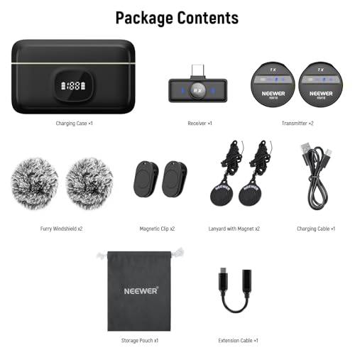 NEEWER Wireless Lavalier Microphone System Compatible with iPhone Android Phone PC Laptop Computer, Noise Cancelling Mini Lapel Mic Set with USB C OTG Charging Case 24H Battery 200m Long Range, KM18