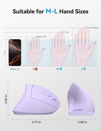 TECKNET Ergonomic Mouse Wireless, Rechargeable Vertical Mice Right Hand | Bluetooth+2.4GHz USB, Multi Device, 4800 DPI Adjustable, Optical Carpal Tunnel Mouse for Laptop, PC, MacBook, Light Purple - color: Light Purple
