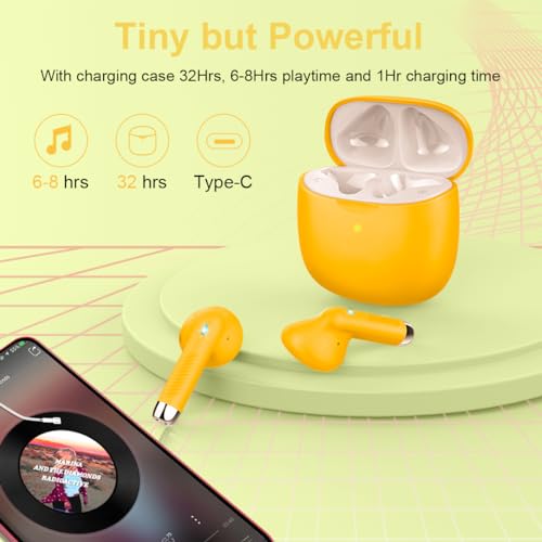 Wireless Earbuds, Bluetooth 5.4 Headphones in Ear with Noise Cancelling Mic, Bluetooth Earbuds Stereo Bass, IP7 Waterproof Sports Earphones, 32H Playtime USB C Charging Ear Buds Yellow for Android iOS - color: butter yellow