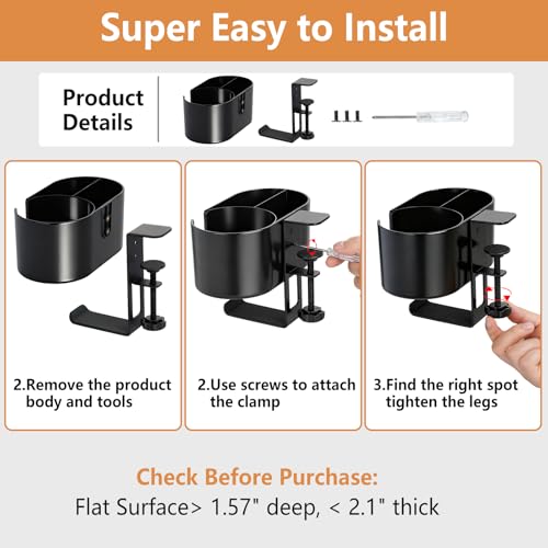 MYITYARD 4 in 1 Desk Cup Holder, Clamp On Drink Holder with Headphone Hanger, Anti-Spill Clip on Desk Organizer for Pen Phone Mug, Gaming Office Desk Accessories fits Most Desks - color: Black-2 with Headphone Hanger