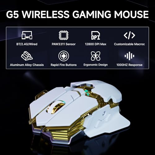 EWEADN G5 Tri-Mode Wireless Gaming Mouse, 12800 DPI Programmable Ergonomic Mouse with Metal Base for Stability, 500mAh Rechargeable, 8 Macro Buttons, Rapid Fire Key, RGB Backlit for FPS PC Mac- White - color: White